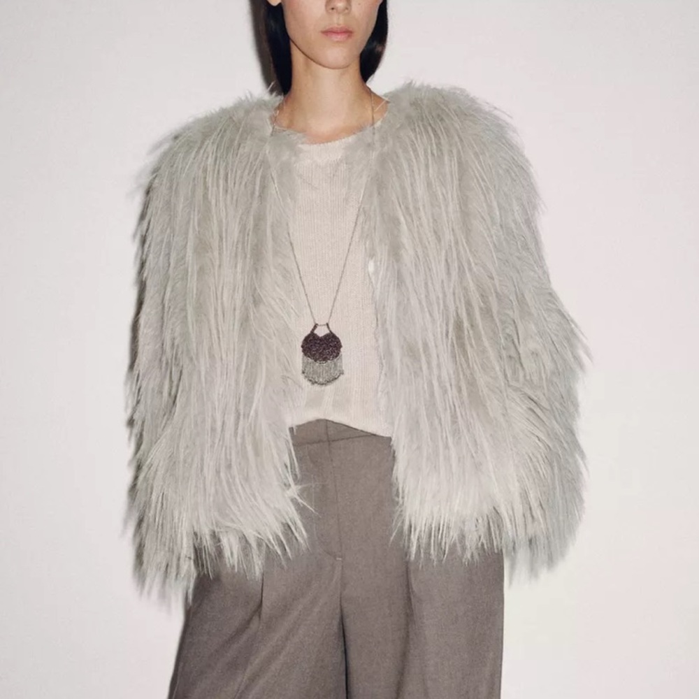 NEW ZARA Gray Faux Fur Coat